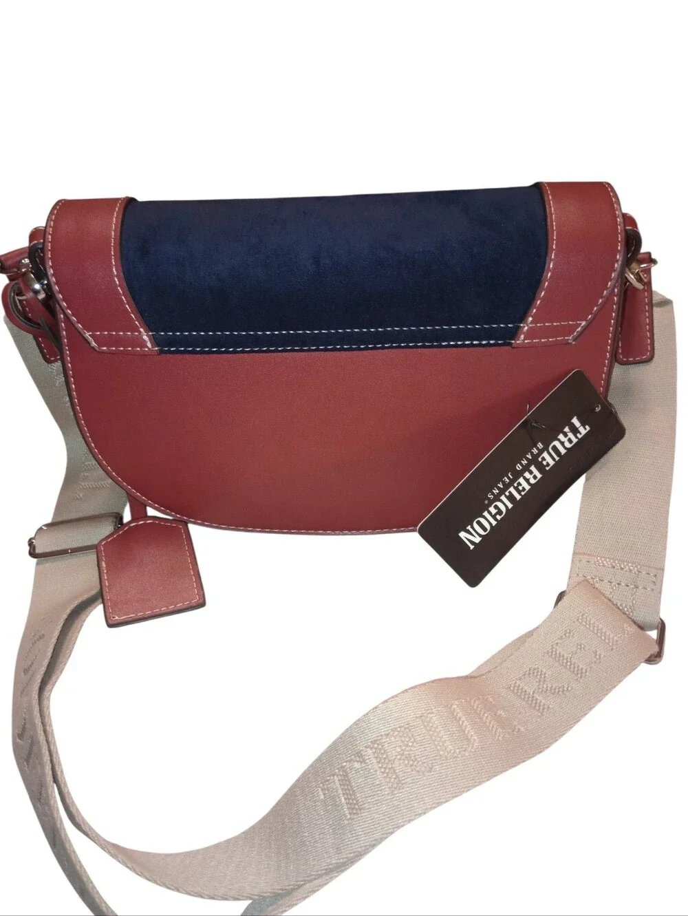 True Religion Navy Suede and Red Leather Crossbody with Beige Strap, NWT